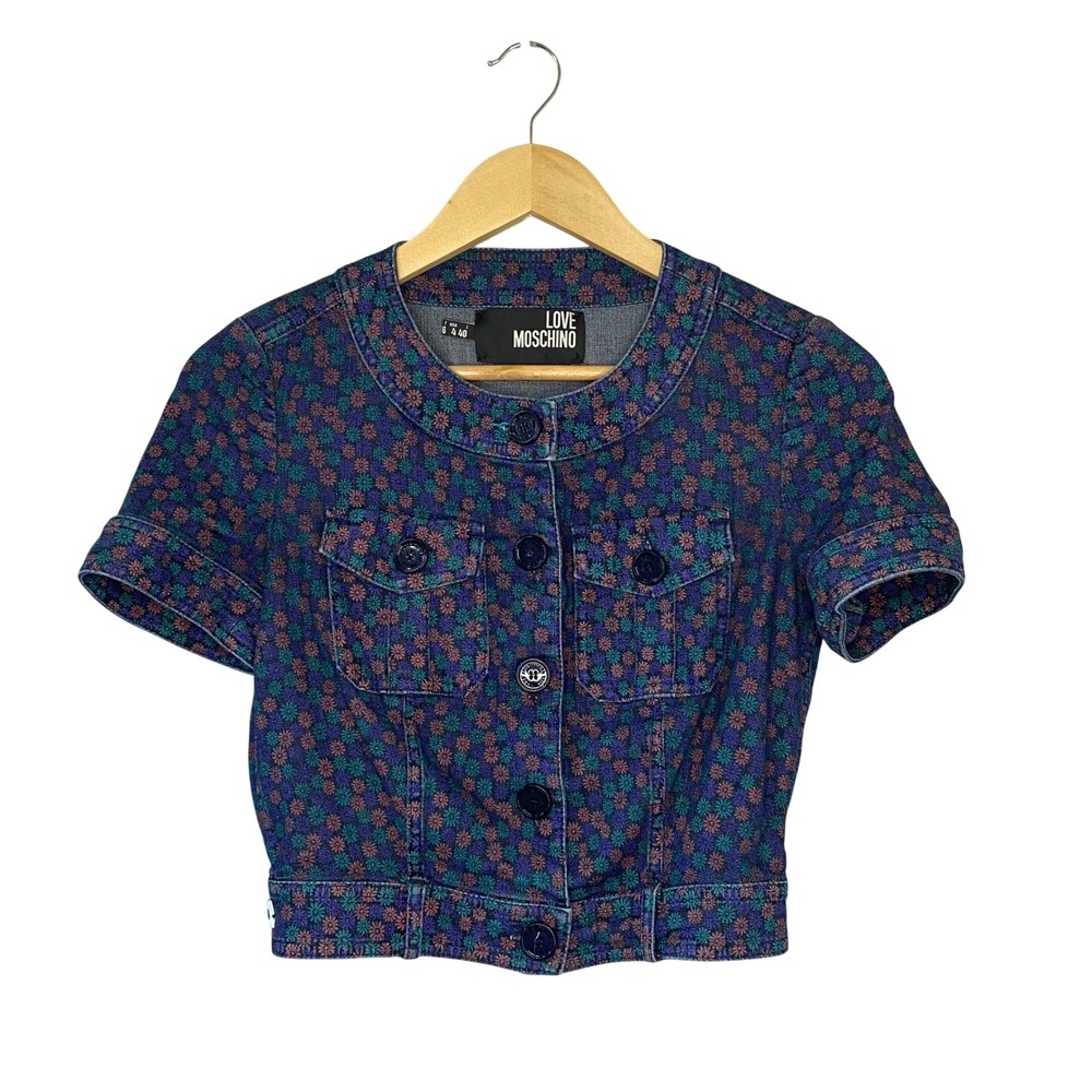 Love Moschino Floral Print Cropped Denim Jacket Short Sleeve Made in Italy Sz 4